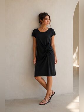 Peruvian Connection Jersey Dress Women Medium Black Twist Front Cap Sleeve